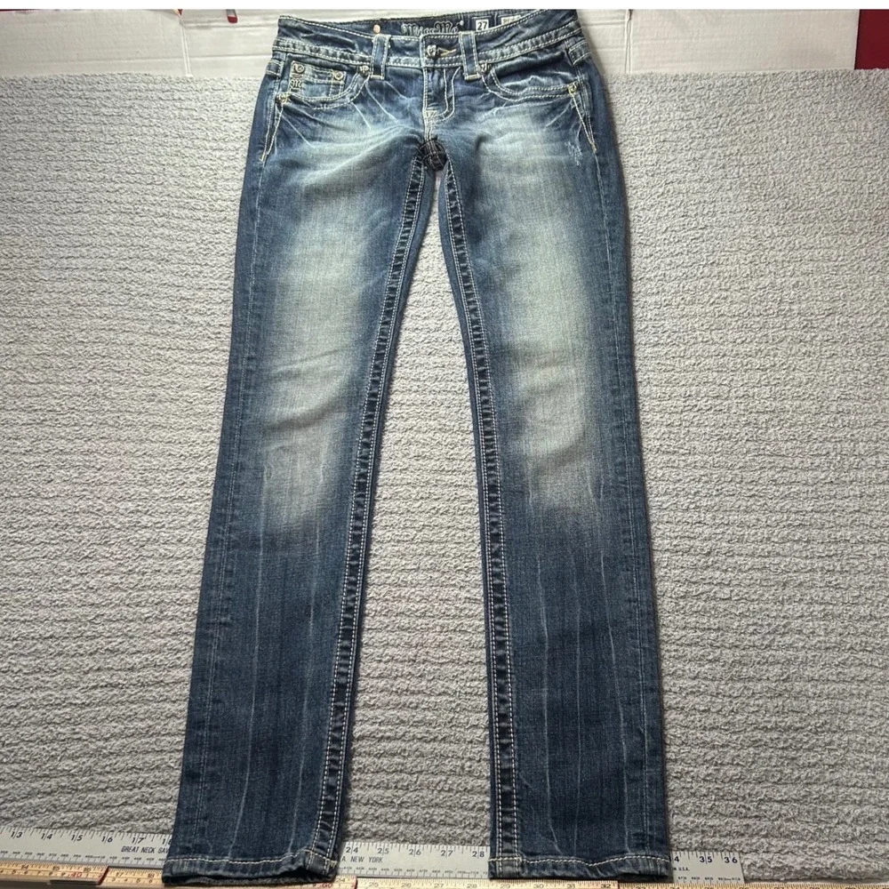Miss Me Skinny Jeans Fleur De Lis Embellished Blue 27 Y2K Western McBling Rodeo
